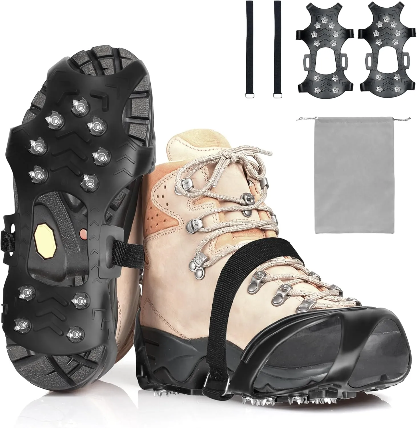 Crampons for Shoes and Boots,11 Steel Spikes Ice Cleats with Straps，Anti Slip Crampons for Hiking,Snow & Ice Walking,Climbing,Ice Fishing