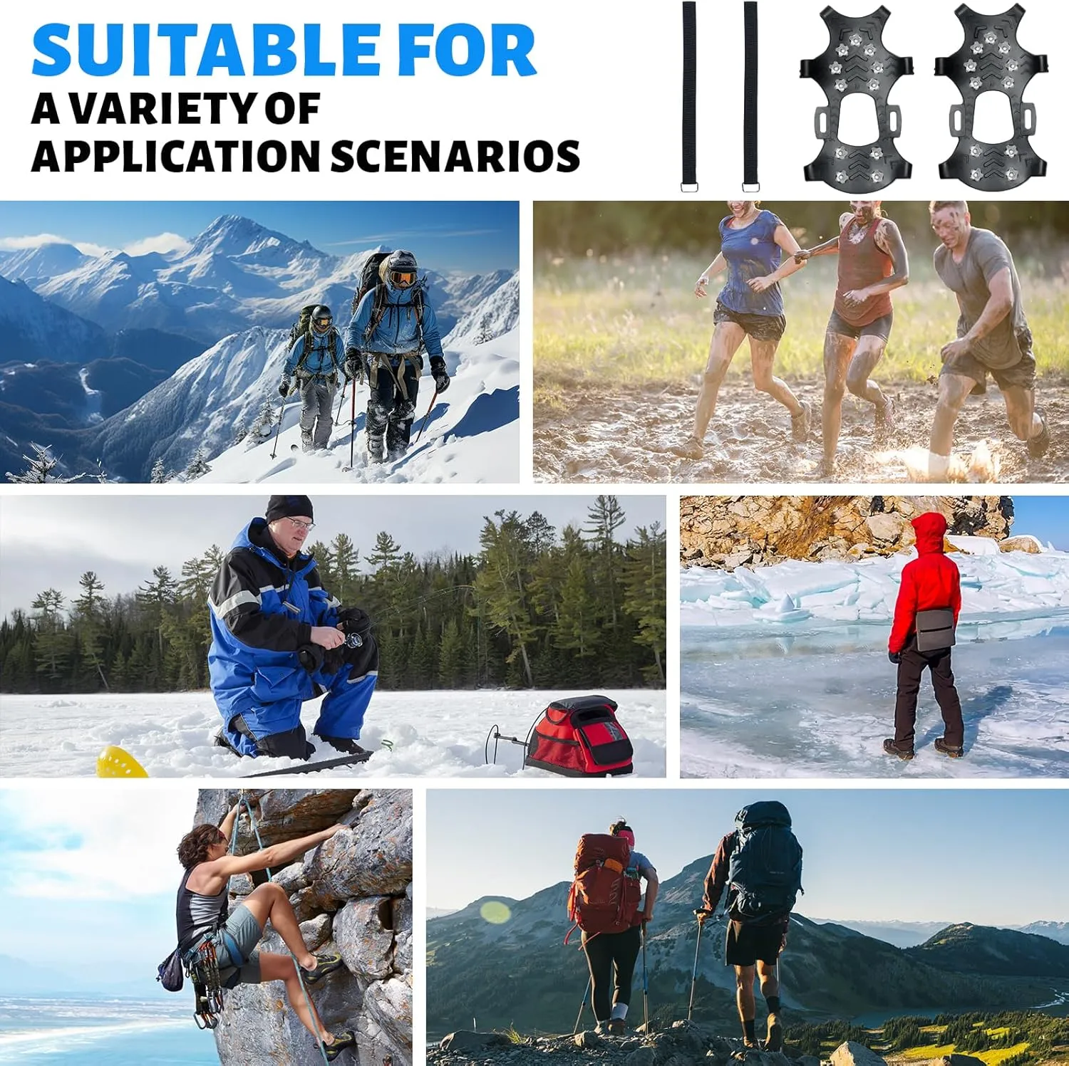 Crampons for Shoes and Boots,11 Steel Spikes Ice Cleats with Straps，Anti Slip Crampons for Hiking,Snow & Ice Walking,Climbing,Ice Fishing