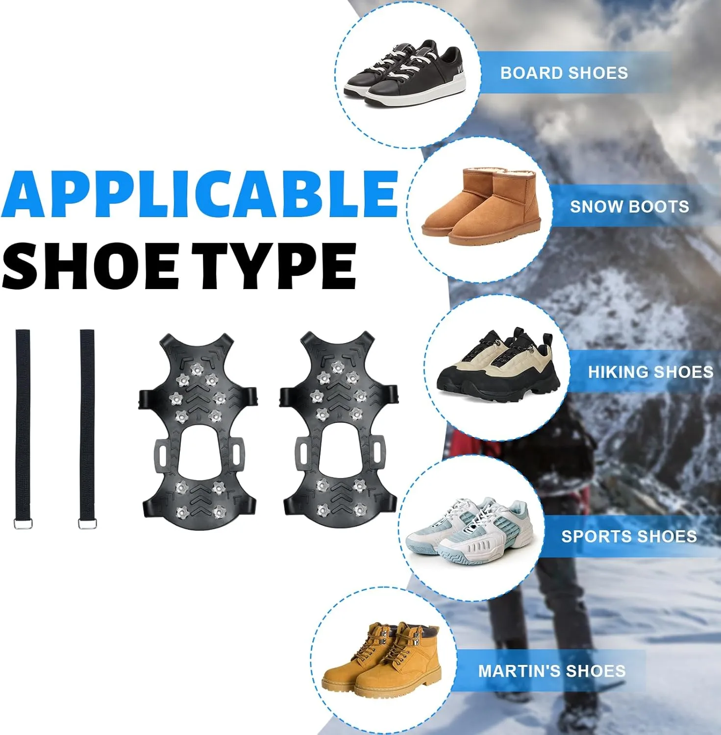 Crampons for Shoes and Boots,11 Steel Spikes Ice Cleats with Straps，Anti Slip Crampons for Hiking,Snow & Ice Walking,Climbing,Ice Fishing