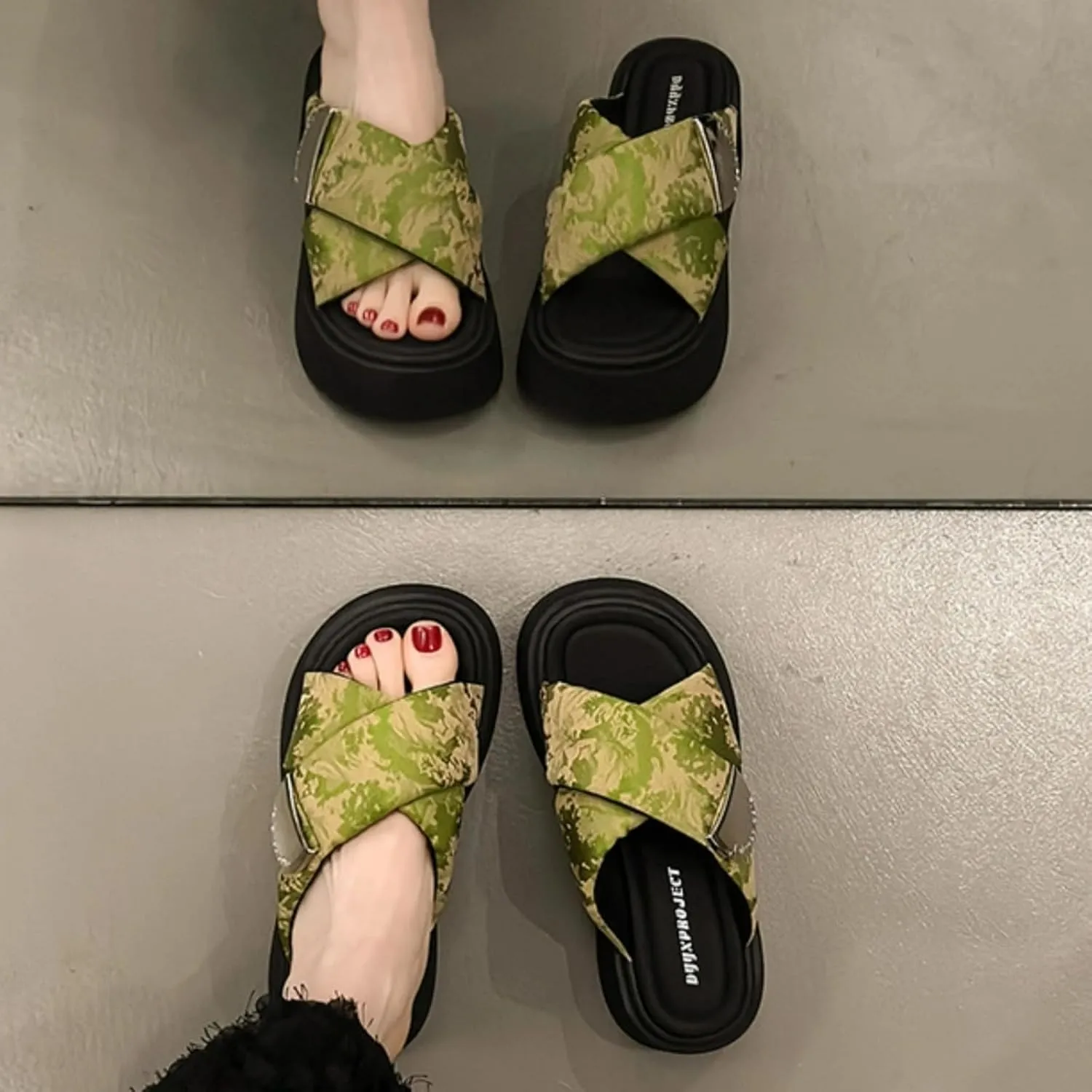 Cute Satin Metal Buckle Thick Sole Slippers Women Cross-Strap Slides Y2K Platform 2" Height Increase Outdoor Travel Beach Sandals