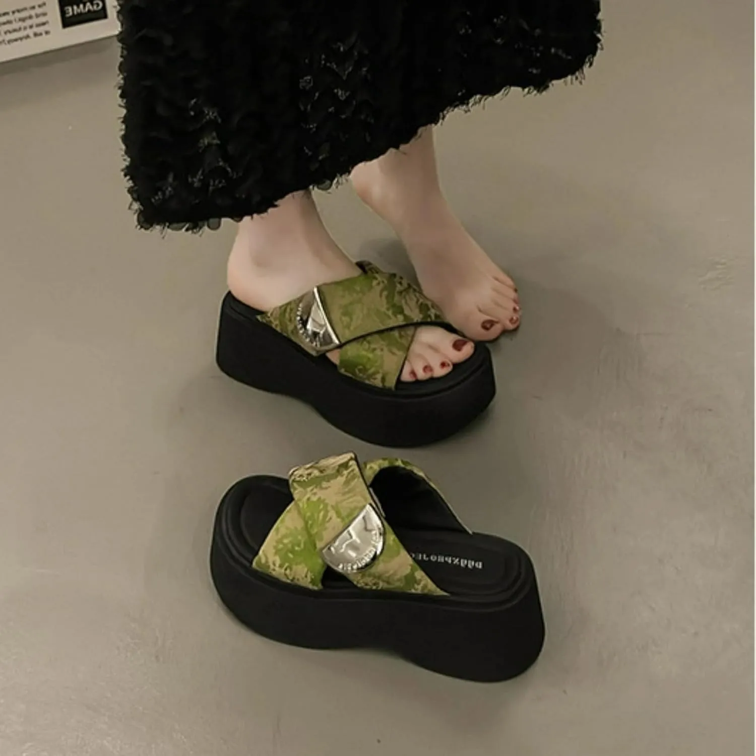 Cute Satin Metal Buckle Thick Sole Slippers Women Cross-Strap Slides Y2K Platform 2" Height Increase Outdoor Travel Beach Sandals