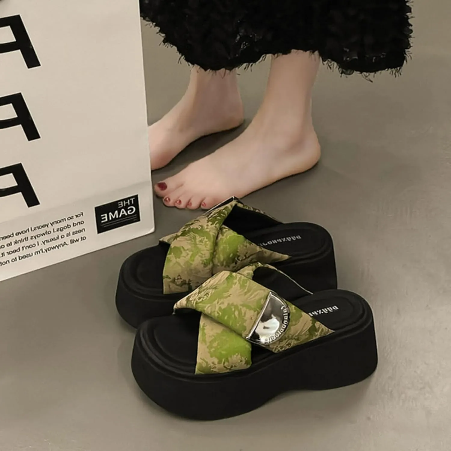 Cute Satin Metal Buckle Thick Sole Slippers Women Cross-Strap Slides Y2K Platform 2" Height Increase Outdoor Travel Beach Sandals