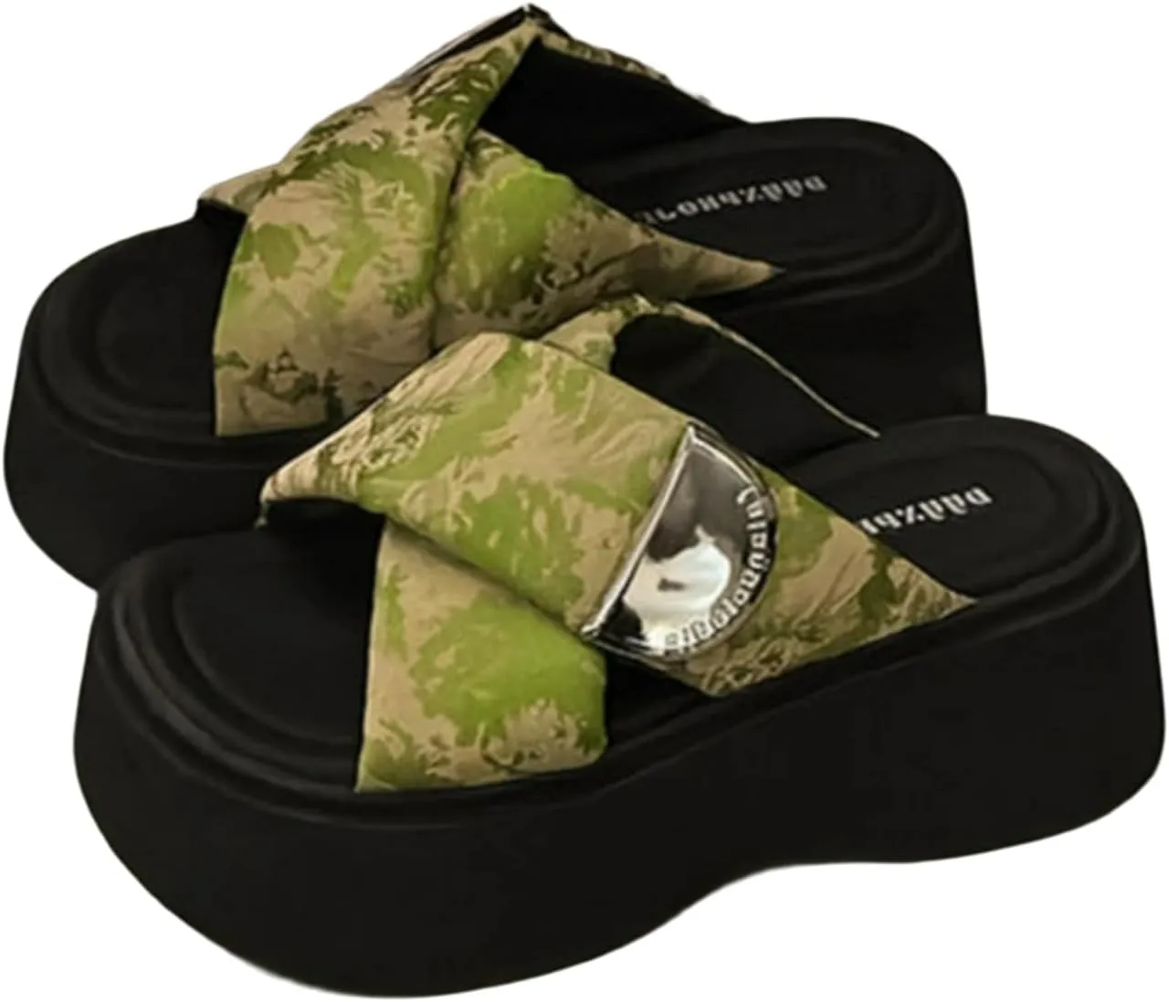 Cute Satin Metal Buckle Thick Sole Slippers Women Cross-Strap Slides Y2K Platform 2" Height Increase Outdoor Travel Beach Sandals