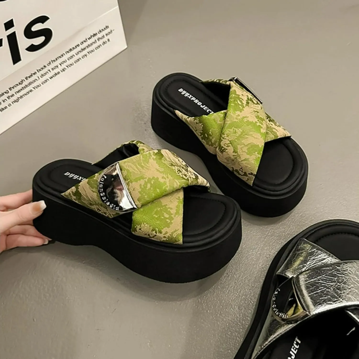 Cute Satin Metal Buckle Thick Sole Slippers Women Cross-Strap Slides Y2K Platform 2" Height Increase Outdoor Travel Beach Sandals
