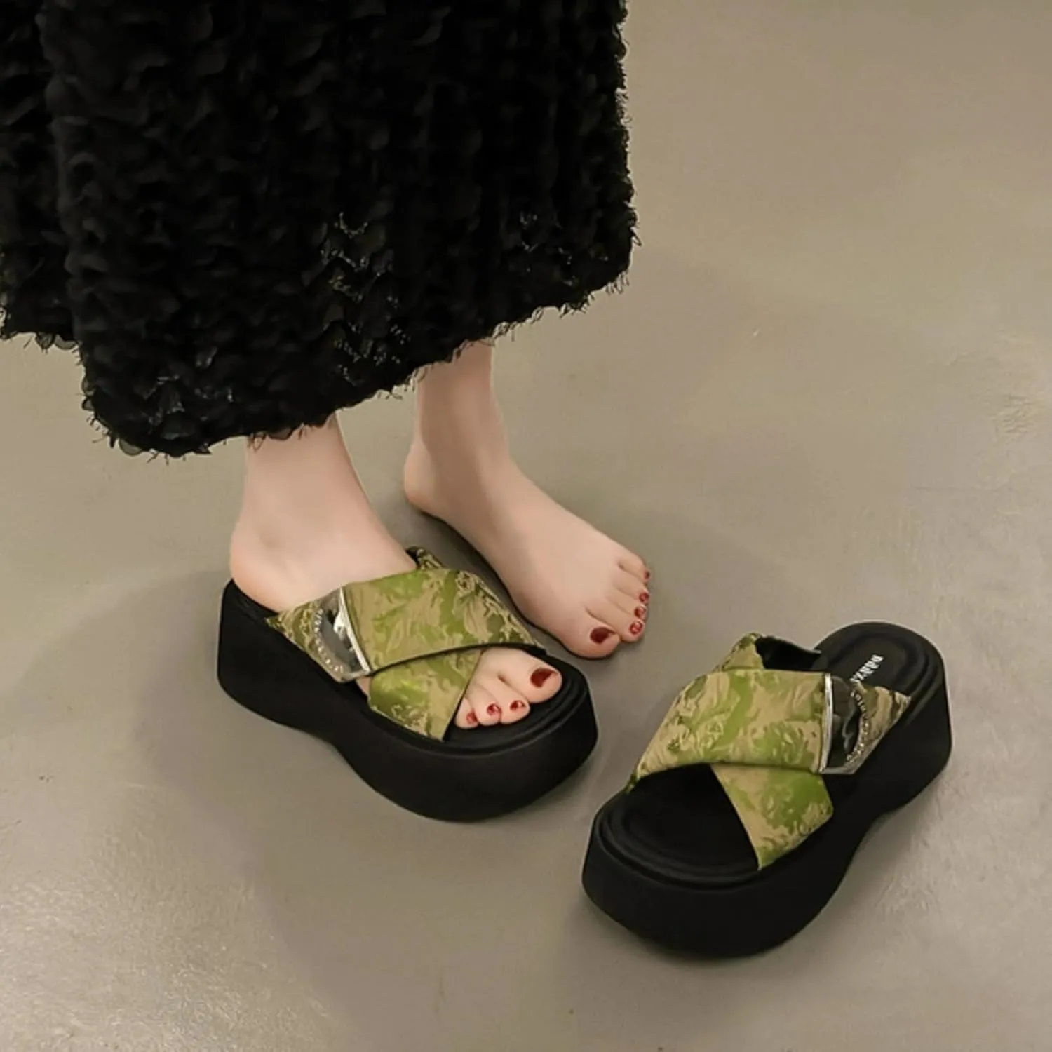 Cute Satin Metal Buckle Thick Sole Slippers Women Cross-Strap Slides Y2K Platform 2" Height Increase Outdoor Travel Beach Sandals