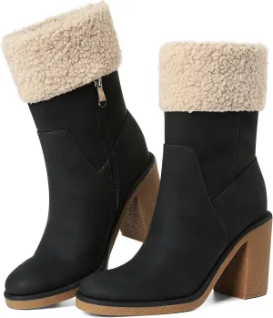 Cute Warm Short Winter Boots for Women Comfortable Black Mid Chunky Heel Suede Snow Fur Lined Booties Fashion Dress Shoes