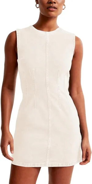 Daacee Women’s Sleeveless Bodycon Denim Mini Dress Casual Waist Tucks Zipper Tank Jean Dresses