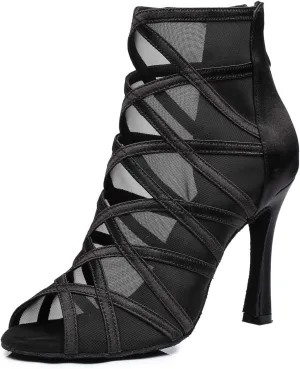 Dance Practice Shoes for Women Mesh Ballroom Sandals Heels Party Prom Ankle Booties with Zip
