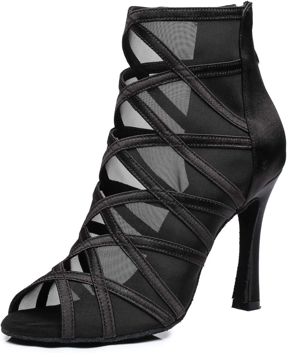 Dance Practice Shoes for Women Mesh Ballroom Sandals Heels Party Prom Ankle Booties with Zip