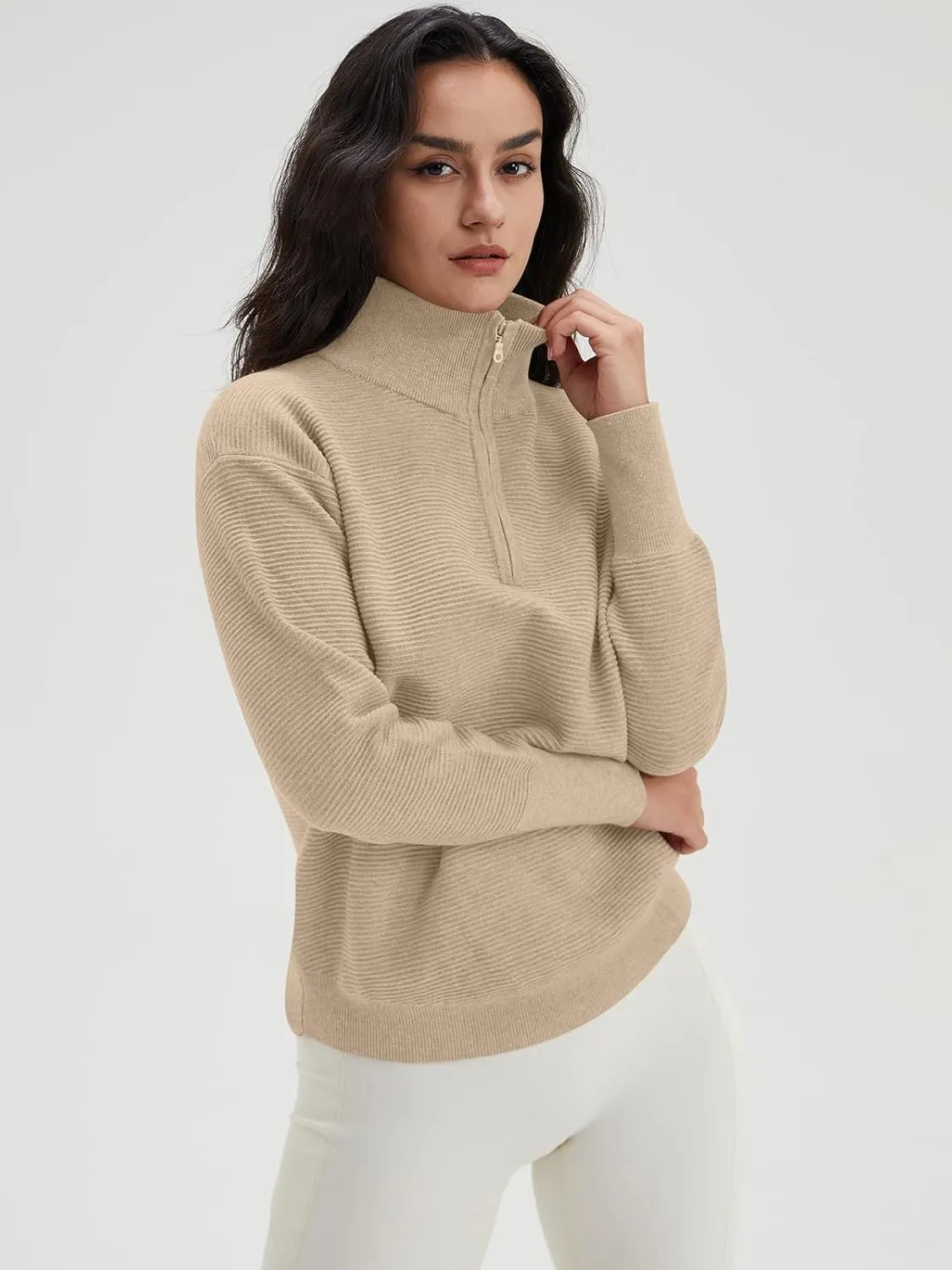 DEEP SELF Fall Women V Neck 1/4 Zip Pullover Stretch Sweater Long Sleeve Stand Collared Ribbed Knitted Solid Sweaters