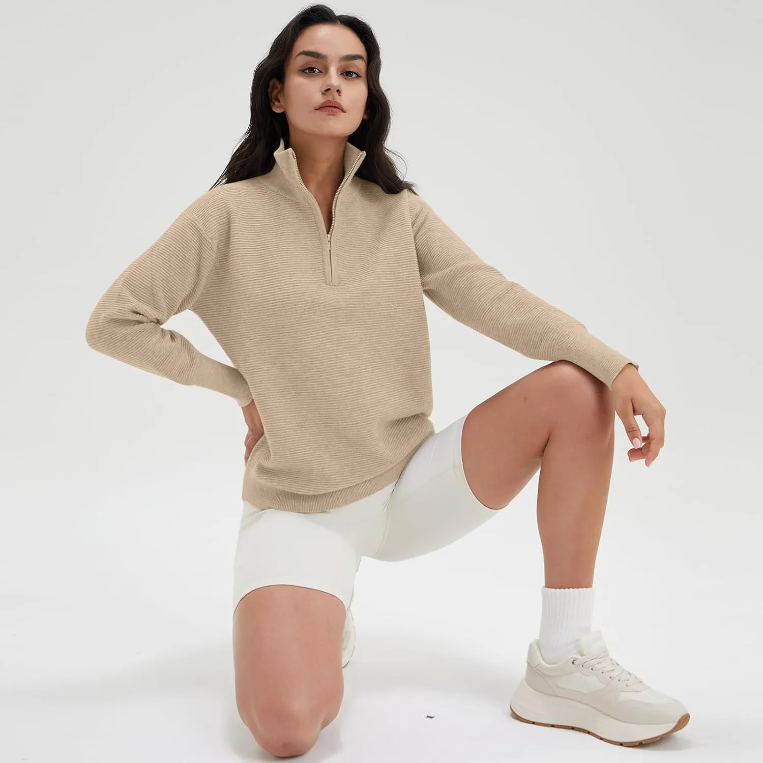 DEEP SELF Fall Women V Neck 1/4 Zip Pullover Stretch Sweater Long Sleeve Stand Collared Ribbed Knitted Solid Sweaters