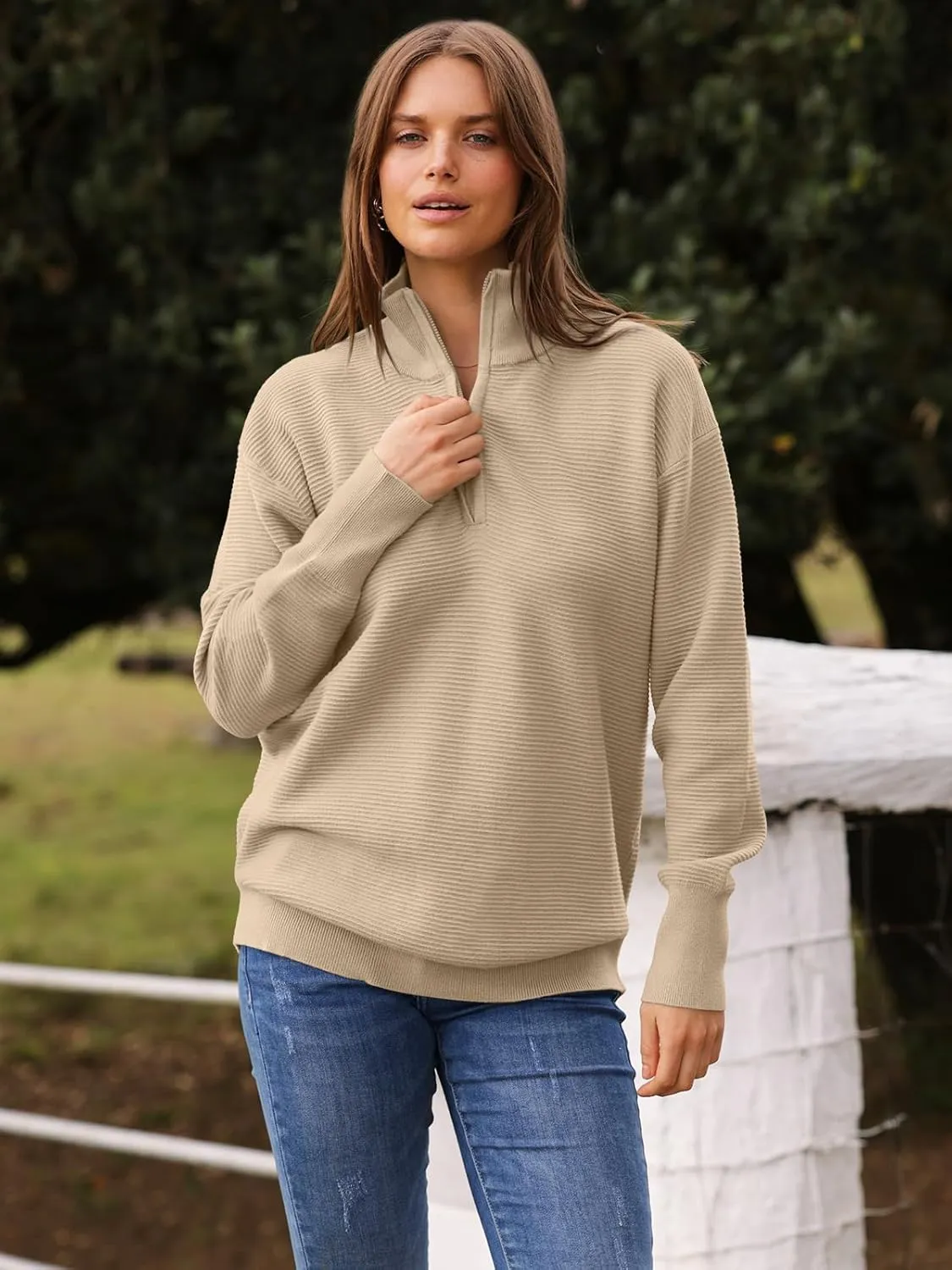 DEEP SELF Fall Women V Neck 1/4 Zip Pullover Stretch Sweater Long Sleeve Stand Collared Ribbed Knitted Solid Sweaters
