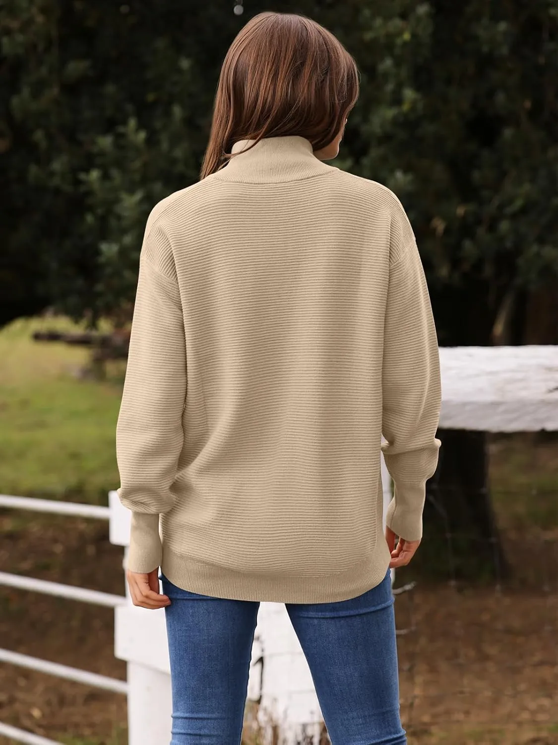 DEEP SELF Fall Women V Neck 1/4 Zip Pullover Stretch Sweater Long Sleeve Stand Collared Ribbed Knitted Solid Sweaters