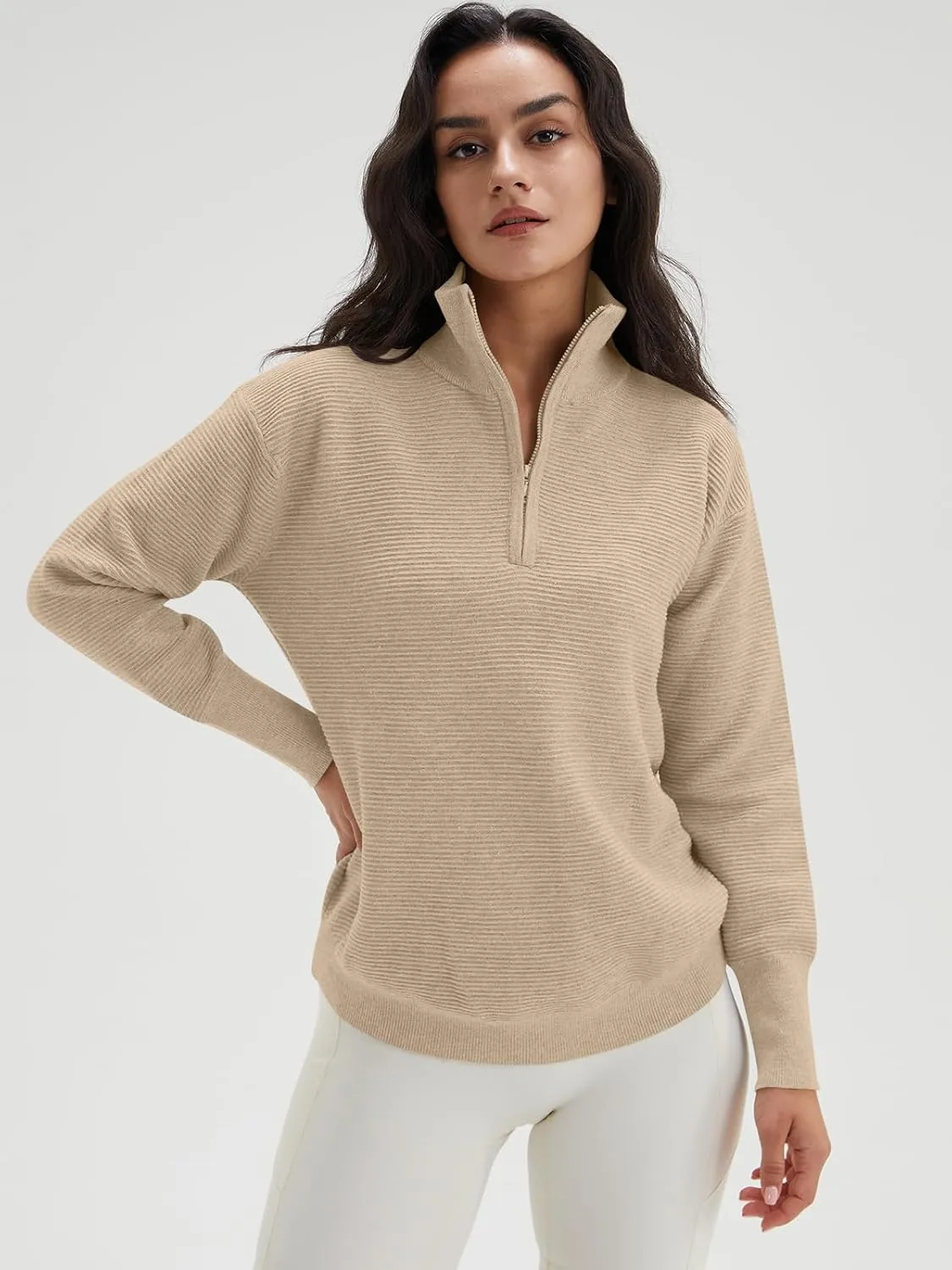 DEEP SELF Fall Women V Neck 1/4 Zip Pullover Stretch Sweater Long Sleeve Stand Collared Ribbed Knitted Solid Sweaters