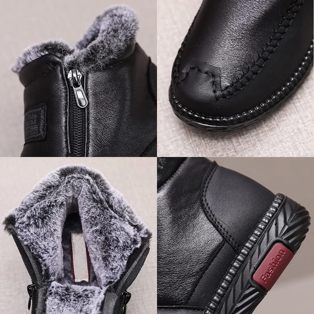 DESESE Women's Winter Waterproof Non-Slip Thick Plush Fur Lined Ankle Snow Boots,Mama Cotton Leather Shoes with Zipper