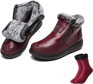 DESESE Women's Winter Waterproof Non-Slip Thick Plush Fur Lined Ankle Snow Boots,Mama Cotton Leather Shoes with Zipper