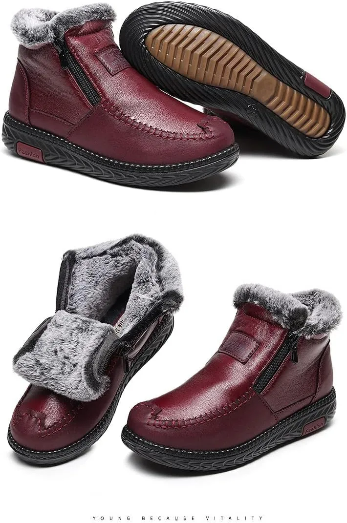 DESESE Women's Winter Waterproof Non-Slip Thick Plush Fur Lined Ankle Snow Boots,Mama Cotton Leather Shoes with Zipper