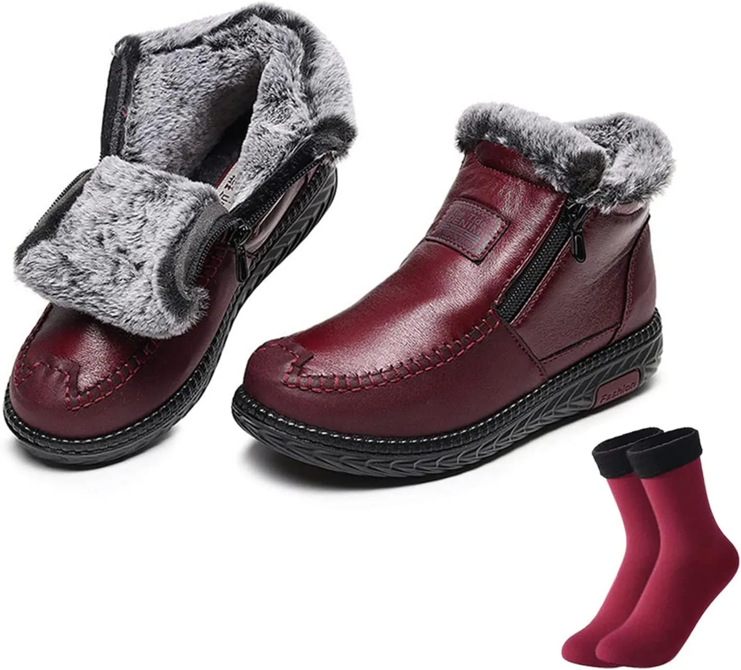 DESESE Women's Winter Waterproof Non-Slip Thick Plush Fur Lined Ankle Snow Boots,Mama Cotton Leather Shoes with Zipper