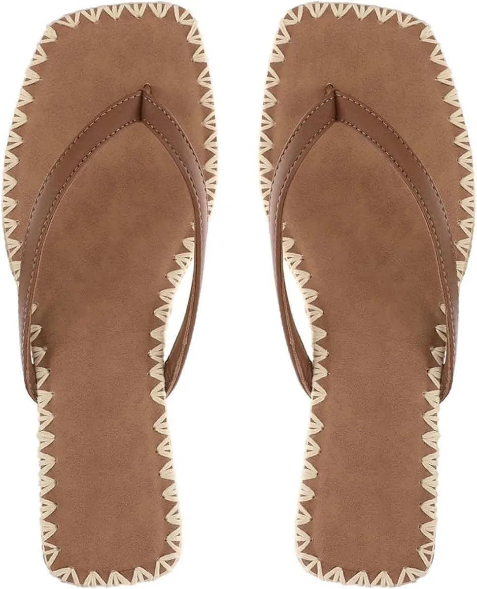 DOEYG Raffia Heels Sandals for Women Summer Beach Flip Flops Square Open Toe Flat Heeled Sandals Dressy Comfortable Slip on Thong Sandals