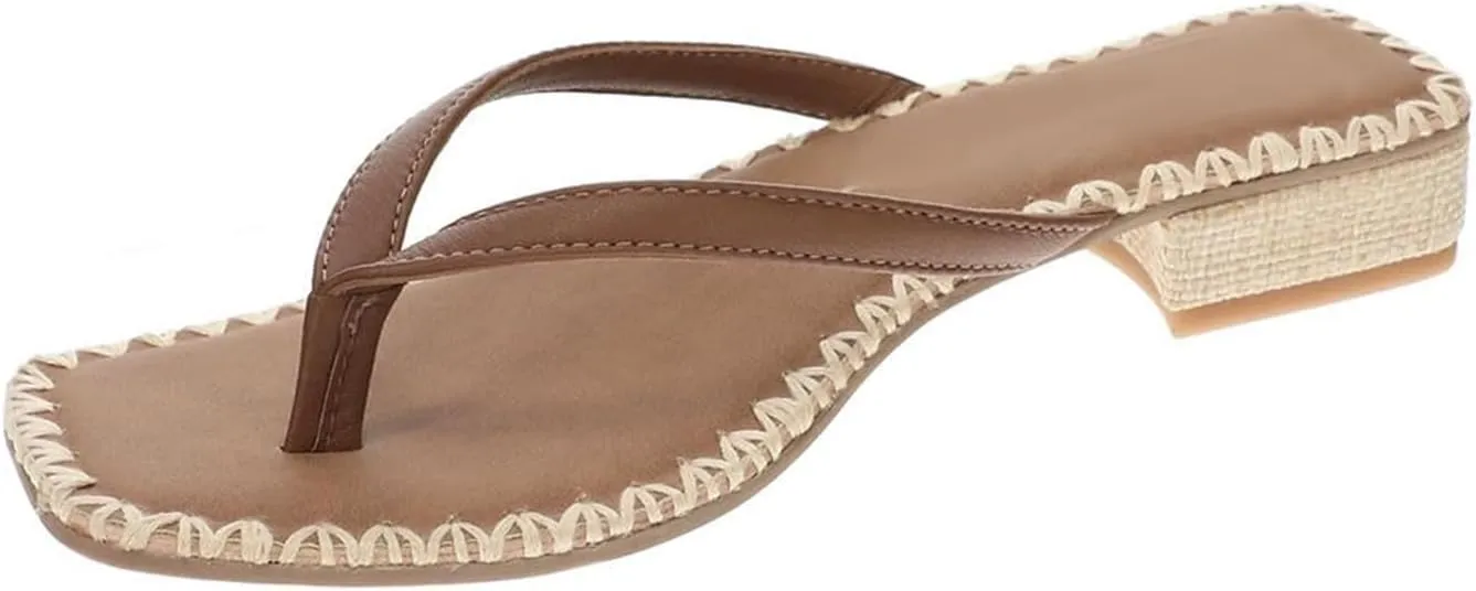 DOEYG Raffia Heels Sandals for Women Summer Beach Flip Flops Square Open Toe Flat Heeled Sandals Dressy Comfortable Slip on Thong Sandals