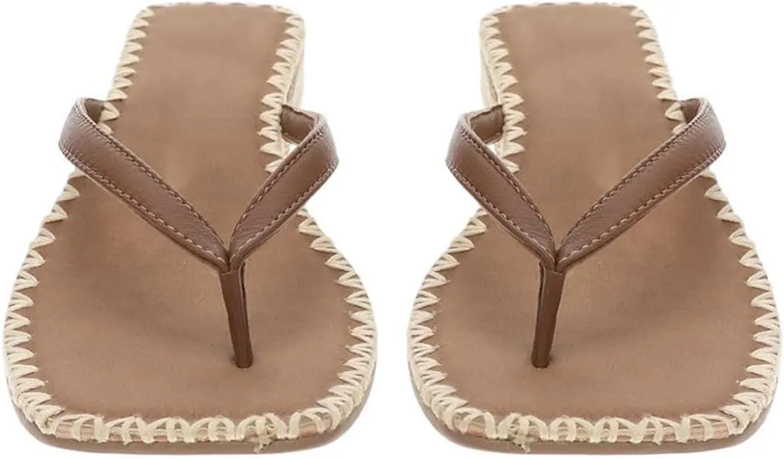 DOEYG Raffia Heels Sandals for Women Summer Beach Flip Flops Square Open Toe Flat Heeled Sandals Dressy Comfortable Slip on Thong Sandals