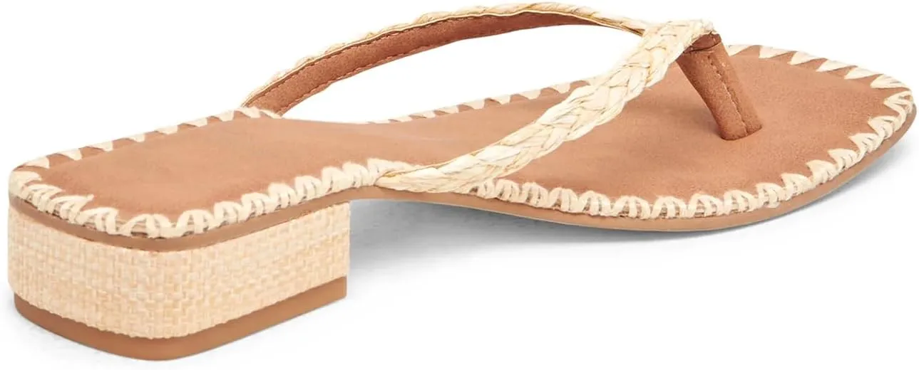 DOEYG Raffia Heels Sandals for Women Summer Beach Flip Flops Square Open Toe Flat Heeled Sandals Dressy Comfortable Slip on Thong Sandals