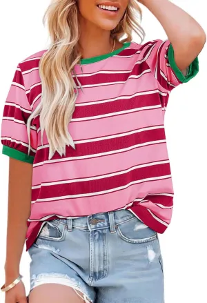 Dokotoo Womens Summer Tops 2025 Striped Color Block Short Sleeve T-Shirts Crewneck Casual Loose Basic Tee Blouses