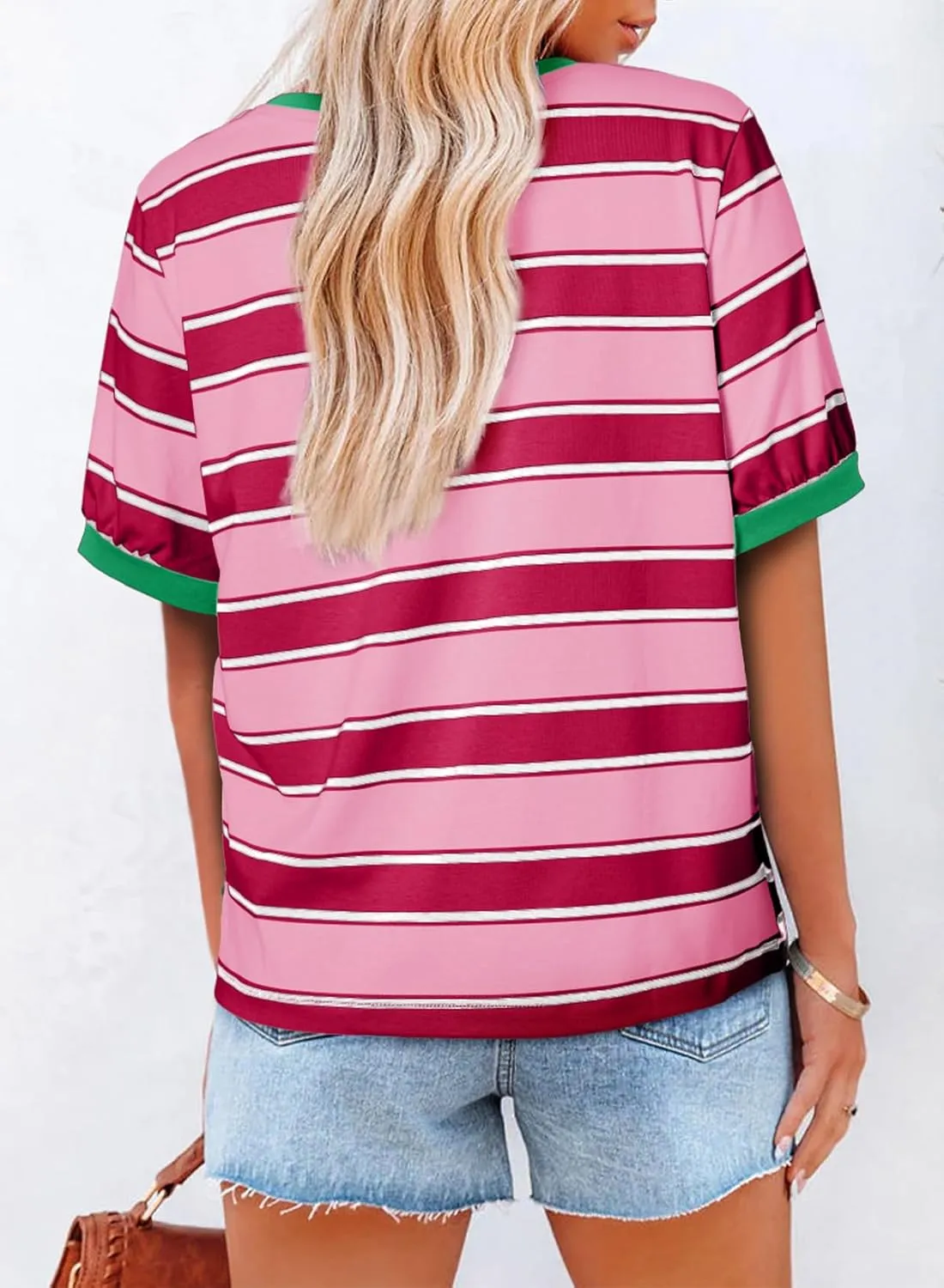 Dokotoo Womens Summer Tops 2025 Striped Color Block Short Sleeve T-Shirts Crewneck Casual Loose Basic Tee Blouses