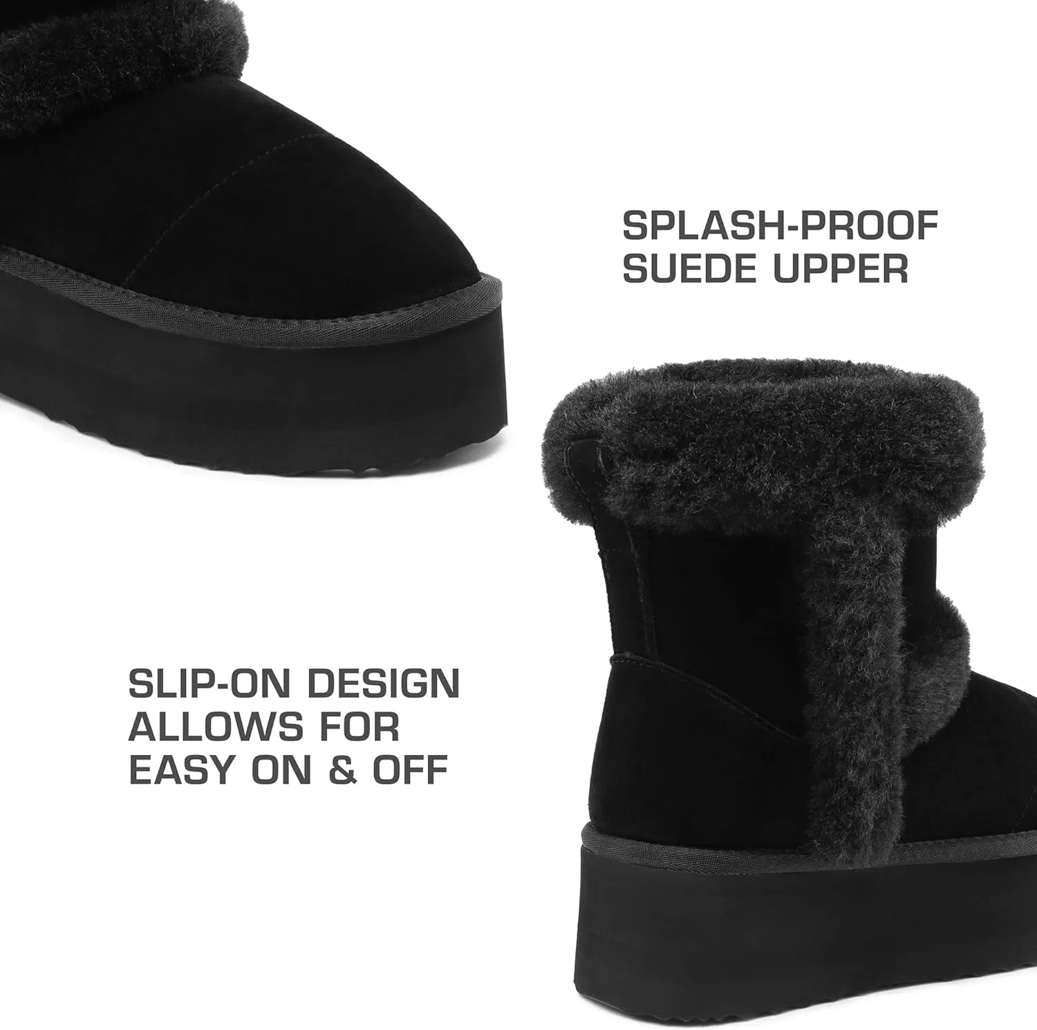 DREAM PAIRS Winter Platform Fur Boots for Women Genuine Suede Faux Fur Snow Booties Classic Warm Slip-On Memory Foam Comfort FuzzyChic Plush Platform Ankle Boots
