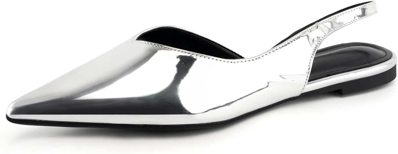 DREAMCIA Slingback Silver Flats for Women, Pointed-Toe Flats with Buckle Strap for Elegant Women，Classic Low Heel Dress Shoes for Casual Work Office Party（Size 9.5）