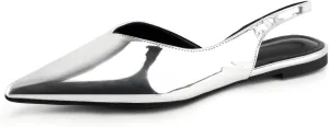 DREAMCIA Slingback Silver Flats for Women, Pointed-Toe Flats with Buckle Strap for Elegant Women，Classic Low Heel Dress Shoes for Casual Work Office Party（Size 9.5）