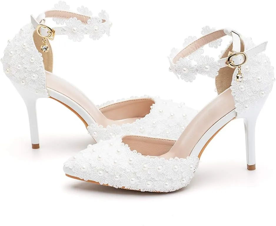 Dress First Women's High Heel Pumps Closed Toe Sandals with Floral Lace Pearls Strap Stiletto Bridal Wedding Party Shoes,3.74"