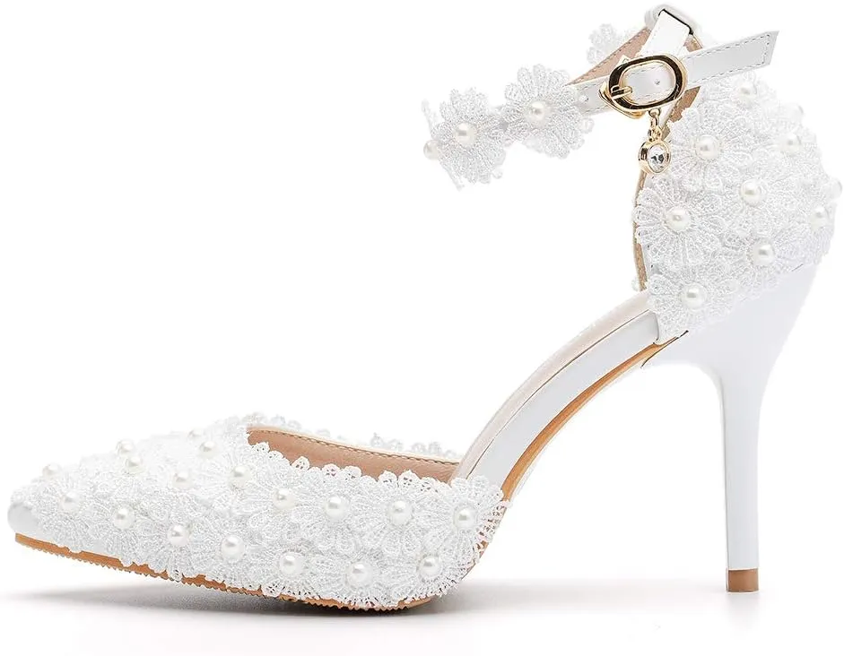 Dress First Women's High Heel Pumps Closed Toe Sandals with Floral Lace Pearls Strap Stiletto Bridal Wedding Party Shoes,3.74"