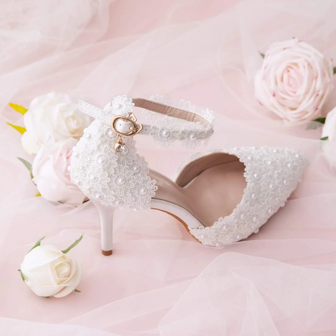 Dress First Women's High Heel Pumps Closed Toe Sandals with Floral Lace Pearls Strap Stiletto Bridal Wedding Party Shoes,3.74"
