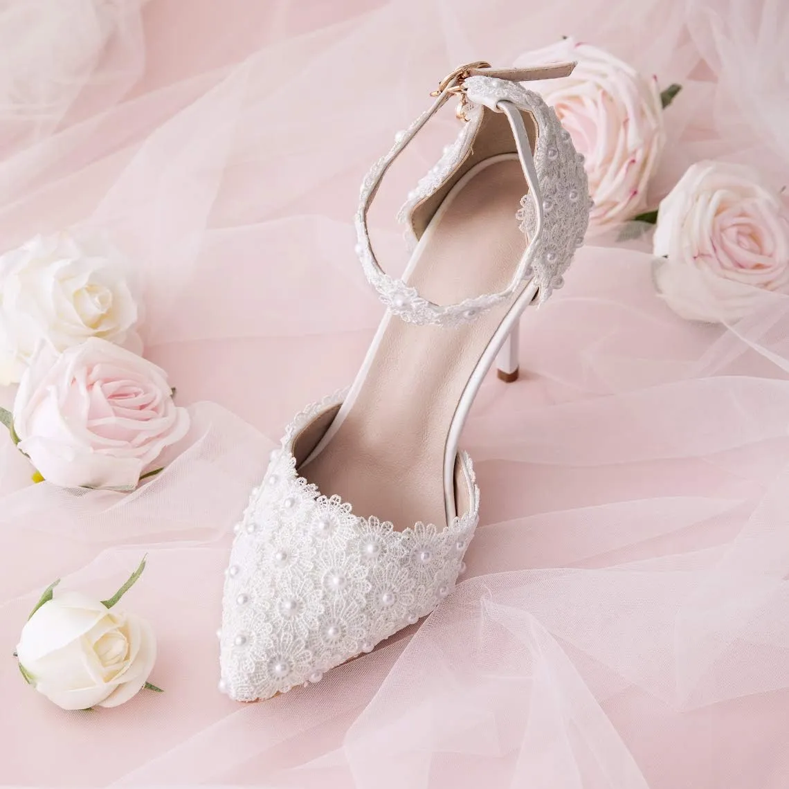 Dress First Women's High Heel Pumps Closed Toe Sandals with Floral Lace Pearls Strap Stiletto Bridal Wedding Party Shoes,3.74"