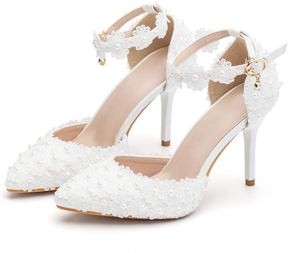 Dress First Women's High Heel Pumps Closed Toe Sandals with Floral Lace Pearls Strap Stiletto Bridal Wedding Party Shoes,3.74"