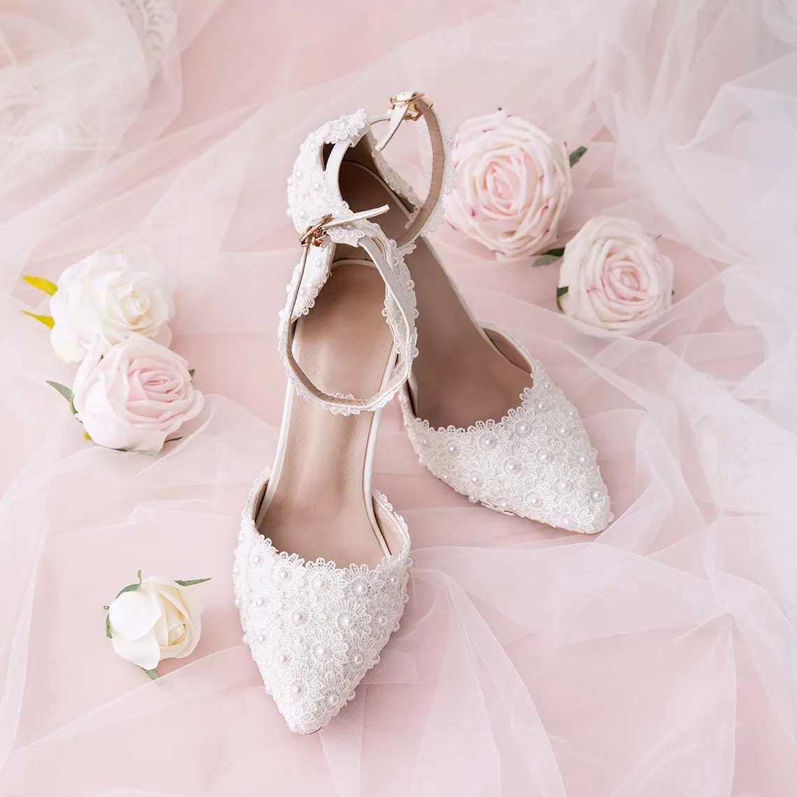 Dress First Women's High Heel Pumps Closed Toe Sandals with Floral Lace Pearls Strap Stiletto Bridal Wedding Party Shoes,3.74"