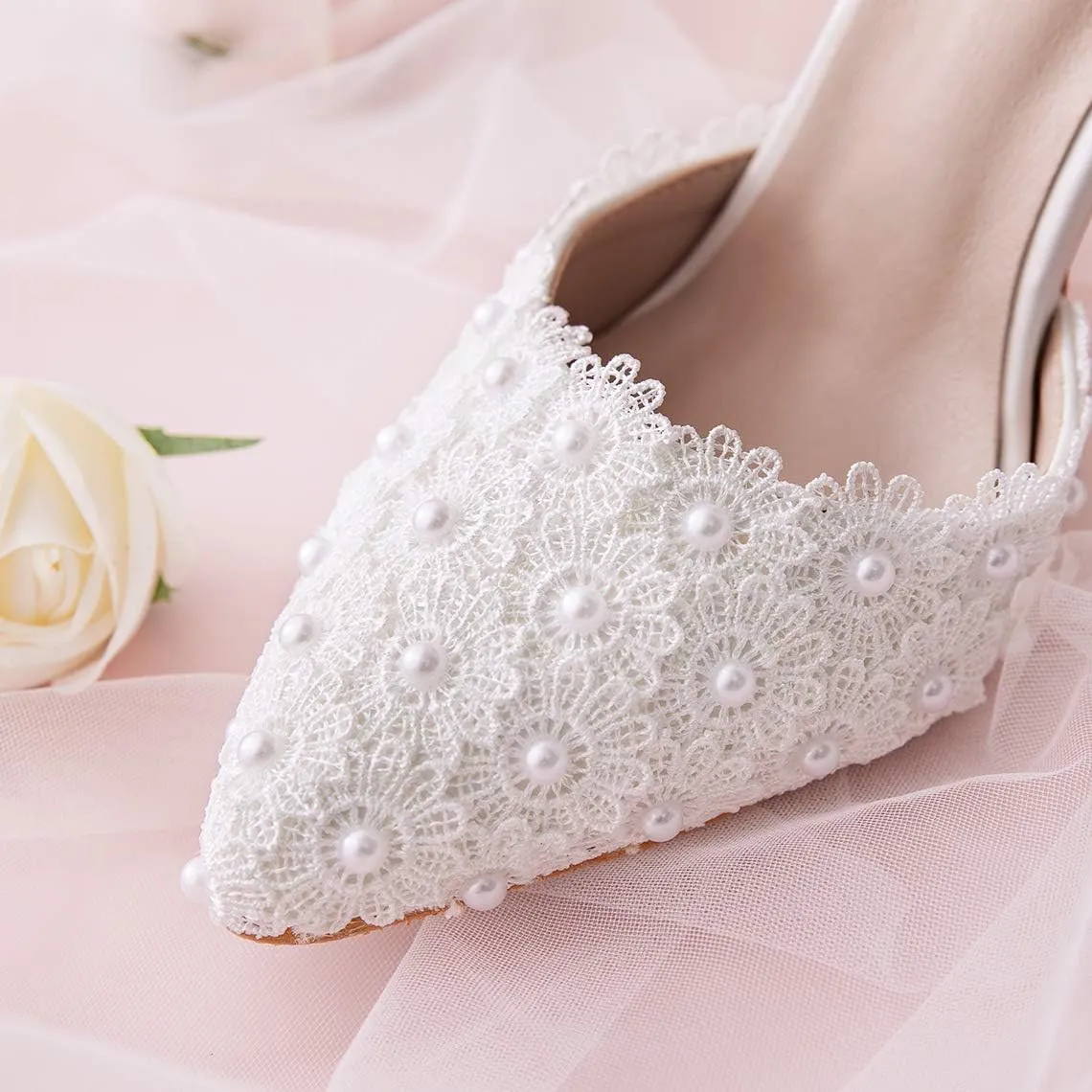 Dress First Women's High Heel Pumps Closed Toe Sandals with Floral Lace Pearls Strap Stiletto Bridal Wedding Party Shoes,3.74"