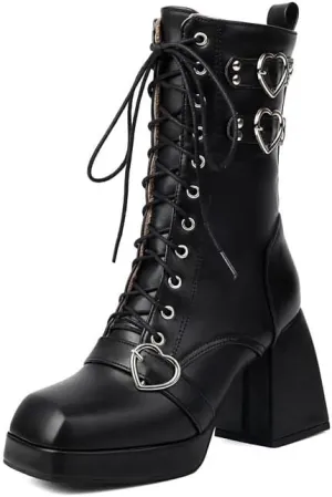 Elbslutt Goth Platform Boots for Women Lace up Chunky High Heels Combat Ankle Boots Square Toe GOGO Boots Gothic Ankle Booties Block Heel Buckle Punk Shoes