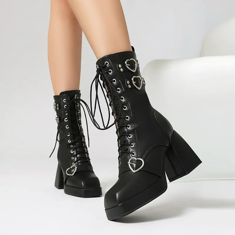 Elbslutt Goth Platform Boots for Women Lace up Chunky High Heels Combat Ankle Boots Square Toe GOGO Boots Gothic Ankle Booties Block Heel Buckle Punk Shoes