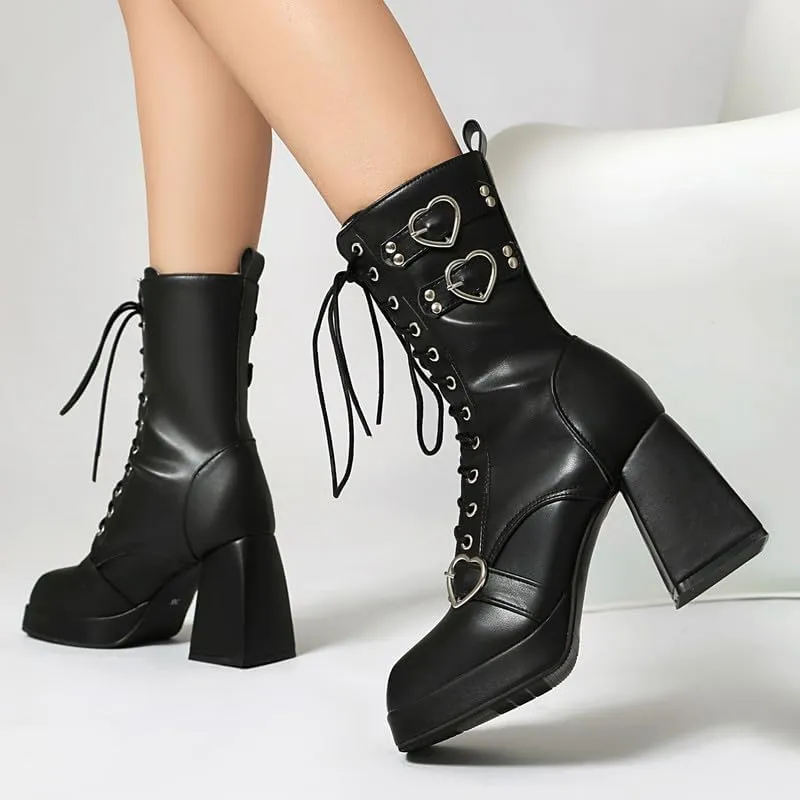 Elbslutt Goth Platform Boots for Women Lace up Chunky High Heels Combat Ankle Boots Square Toe GOGO Boots Gothic Ankle Booties Block Heel Buckle Punk Shoes