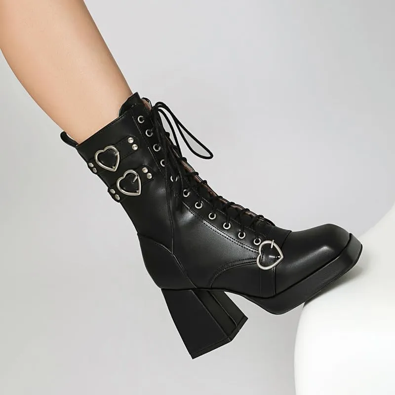 Elbslutt Goth Platform Boots for Women Lace up Chunky High Heels Combat Ankle Boots Square Toe GOGO Boots Gothic Ankle Booties Block Heel Buckle Punk Shoes