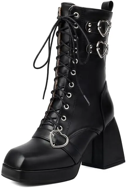 Elbslutt Goth Platform Boots for Women Lace up Chunky High Heels Combat Ankle Boots Square Toe GOGO Boots Gothic Ankle Booties Block Heel Buckle Punk Shoes