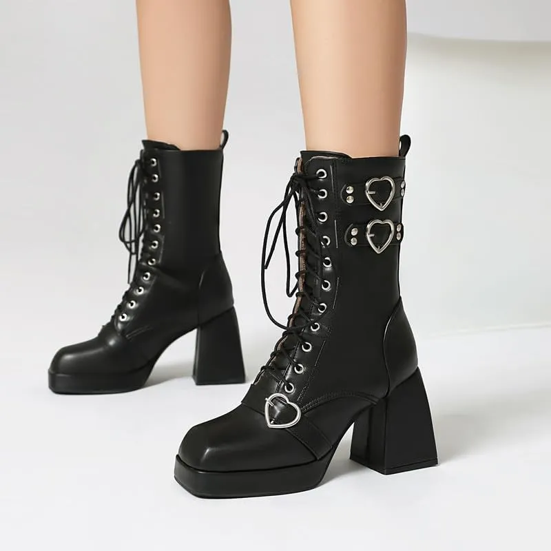 Elbslutt Goth Platform Boots for Women Lace up Chunky High Heels Combat Ankle Boots Square Toe GOGO Boots Gothic Ankle Booties Block Heel Buckle Punk Shoes