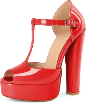 Eldof Women's Platform Chunky High Heels Ankle T Strap Square Peep Toe Sandals Party Dress Casual Shoes 6 Inches