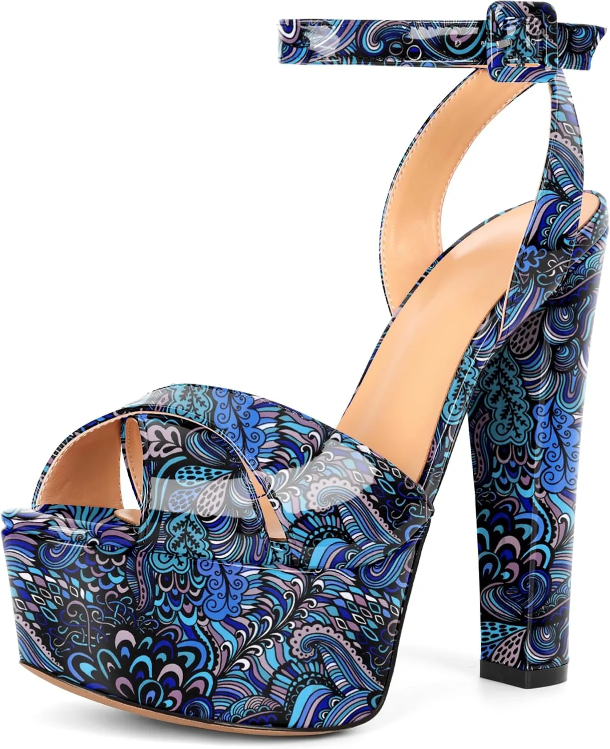 Eldof Women's Platform Sandals Peep Toe Chunky High Heels Ankle Straps Party Dress Casual Shoes 6 Inches