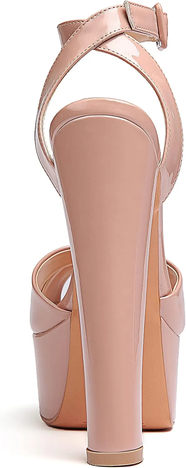 Eldof Women's Platform Sandals Peep Toe Chunky High Heels Ankle Straps Party Dress Casual Shoes 6 Inches