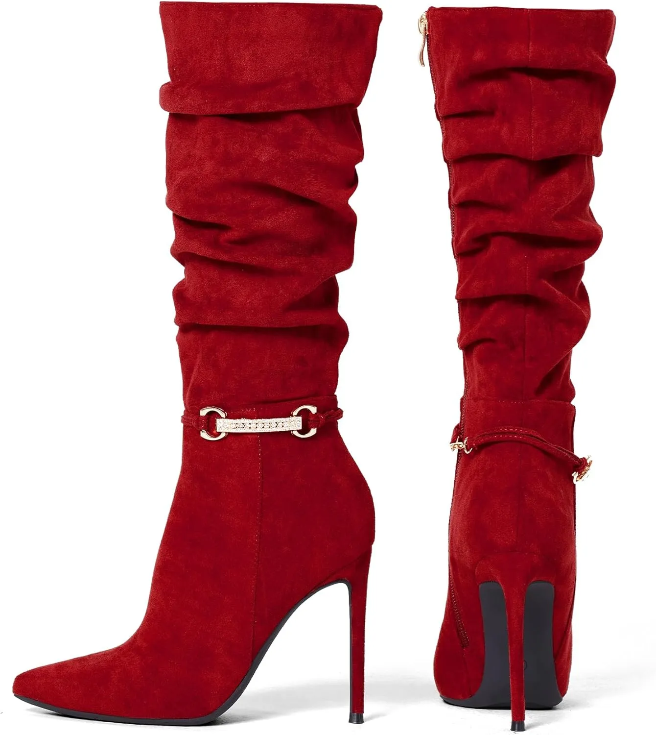Elisabet Tang Women's Knee High Booties,Faux Suede 4" Stiletto Heel Pointed Toe Knee High Boots Side Zipper Boots Dress Shoes