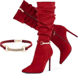 Elisabet Tang Women's Knee High Booties,Faux Suede 4" Stiletto Heel Pointed Toe Knee High Boots Side Zipper Boots Dress Shoes