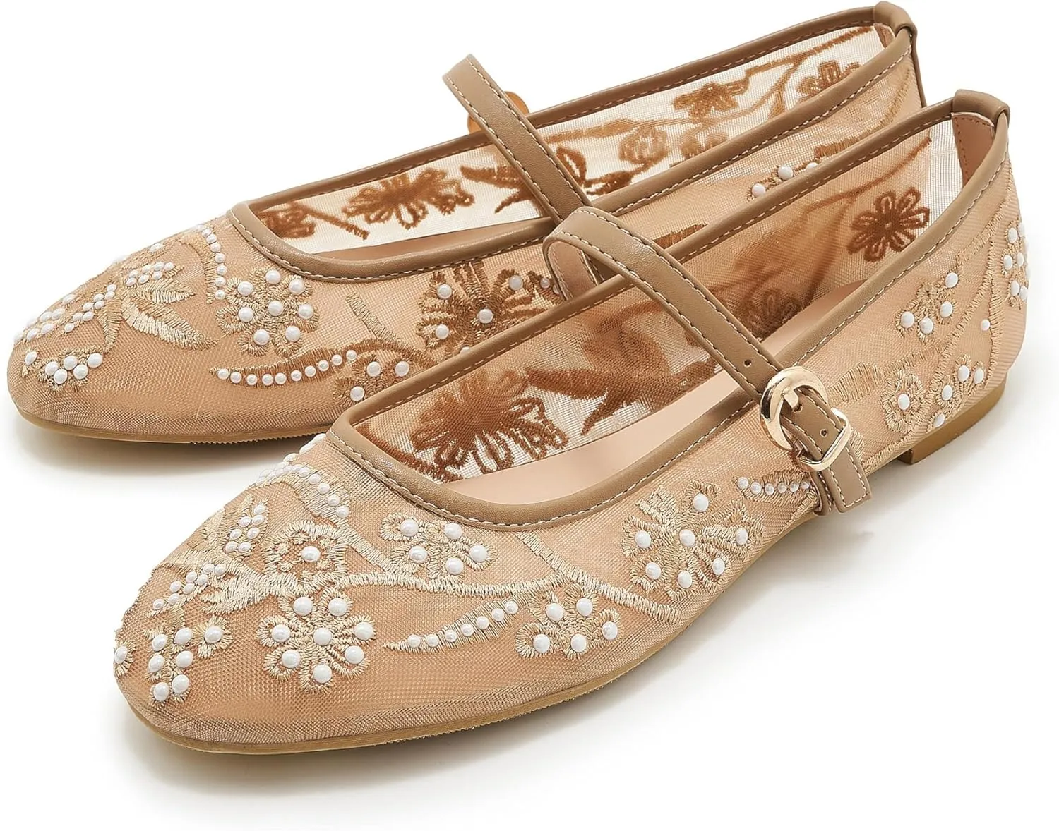 Embroidered Mesh Ballet Flat for Women Round Toe White Pearl Ballerina Shoes Buckle Strap Casual Comfortable Mary Jane Flats